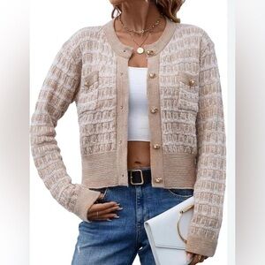 Classic cardigan in beige/shimmer, faux pearl & gold buttons,chest pockets 💛NWOT